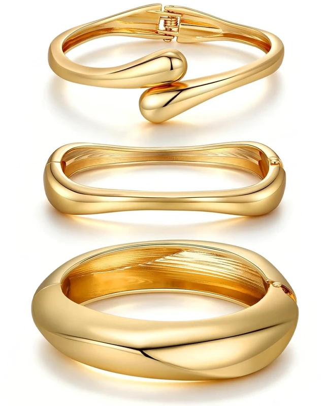 Main image of Women's Chunky Gold Open Cuff Bracelet (3-Piece Set) 14K Gold-Plated Stackable Open Cuffs; Exquisite, Tarnish-Resistant Fashion Jewelry Set; Ideal Gift