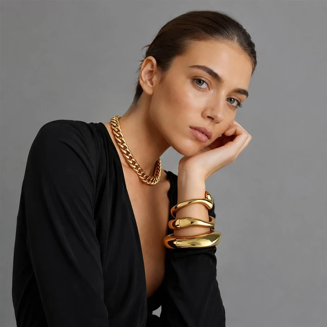 Alt view image 6 of 7 - Women's Chunky Gold Open Cuff Bracelet (3-Piece Set) 14K Gold-Plated Stackable Open Cuffs; Exquisite, Tarnish-Resistant Fashion Jewelry Set; Ideal Gift