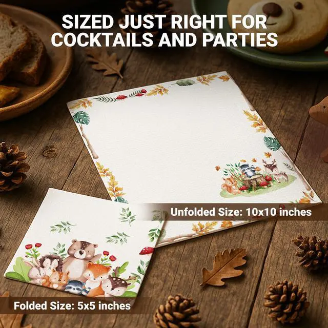 Alt view image 3 of 7 - 3-Ply 100 Pack Disposable Woodland Baby Shower Napkins | 5x5in Folded Square Cocktail Napkins, 4 Forest Animal Designs for Baby Showers, Birthdays & Garden Parties