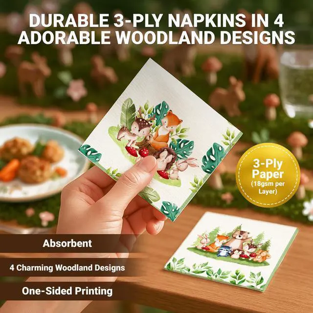 Alt view image 4 of 7 - 3-Ply 100 Pack Disposable Woodland Baby Shower Napkins | 5x5in Folded Square Cocktail Napkins, 4 Forest Animal Designs for Baby Showers, Birthdays & Garden Parties