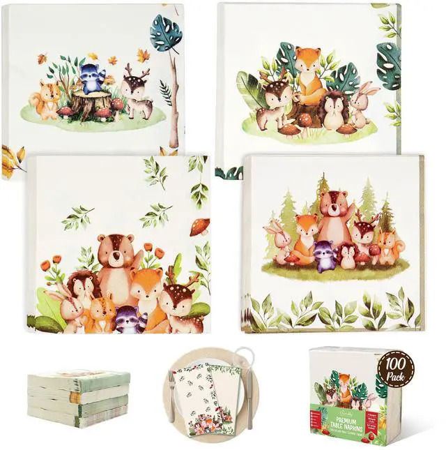 Main image of 3-Ply 100 Pack Disposable Woodland Baby Shower Napkins | 5x5in Folded Square Cocktail Napkins, 4 Forest Animal Designs for Baby Showers, Birthdays & Garden Parties