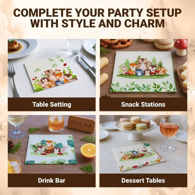 Alt view image 7 of 7 - 3-Ply 100 Pack Disposable Woodland Baby Shower Napkins | 5x5in Folded Square Cocktail Napkins, 4 Forest Animal Designs for Baby Showers, Birthdays & Garden Parties