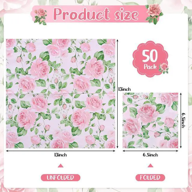 Alt view image 2 of 7 - Pink Floral Paper Napkins, 50 Pack, 6.5 x 6.5 Inch | 2-Ply Paper, Watercolor Rose Design, For Tea Parties, Garden Parties, Spring Decor, And Decoupage