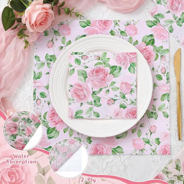 Alt view image 6 of 7 - Pink Floral Paper Napkins, 50 Pack, 6.5 x 6.5 Inch | 2-Ply Paper, Watercolor Rose Design, For Tea Parties, Garden Parties, Spring Decor, And Decoupage