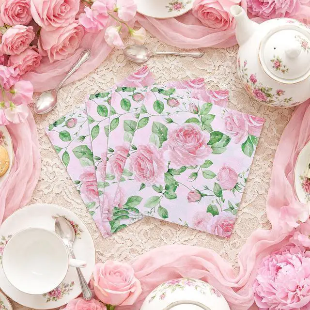 Alt view image 3 of 7 - Pink Floral Paper Napkins, 50 Pack, 6.5 x 6.5 Inch | 2-Ply Paper, Watercolor Rose Design, For Tea Parties, Garden Parties, Spring Decor, And Decoupage