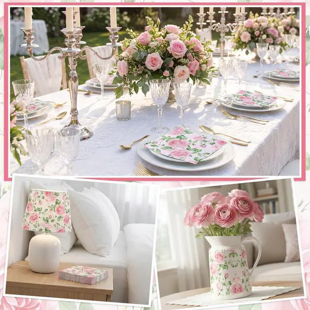 Alt view image 7 of 7 - Pink Floral Paper Napkins, 50 Pack, 6.5 x 6.5 Inch | 2-Ply Paper, Watercolor Rose Design, For Tea Parties, Garden Parties, Spring Decor, And Decoupage