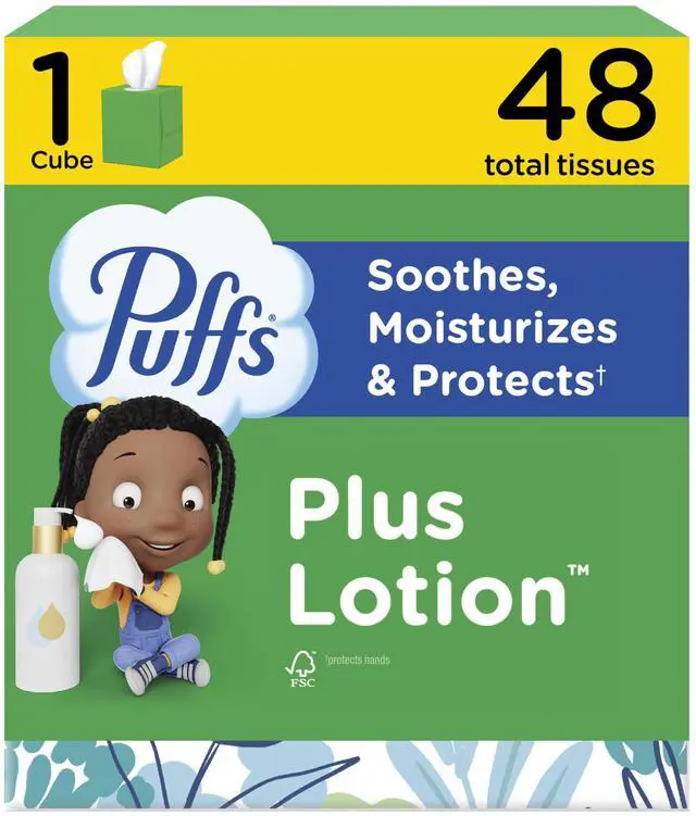 Main image of Facial Tissues Plus Lotion, 1 Cube Box, 48 Facial Tissues per Box, Allergies and Colds (Packaging May Vary)