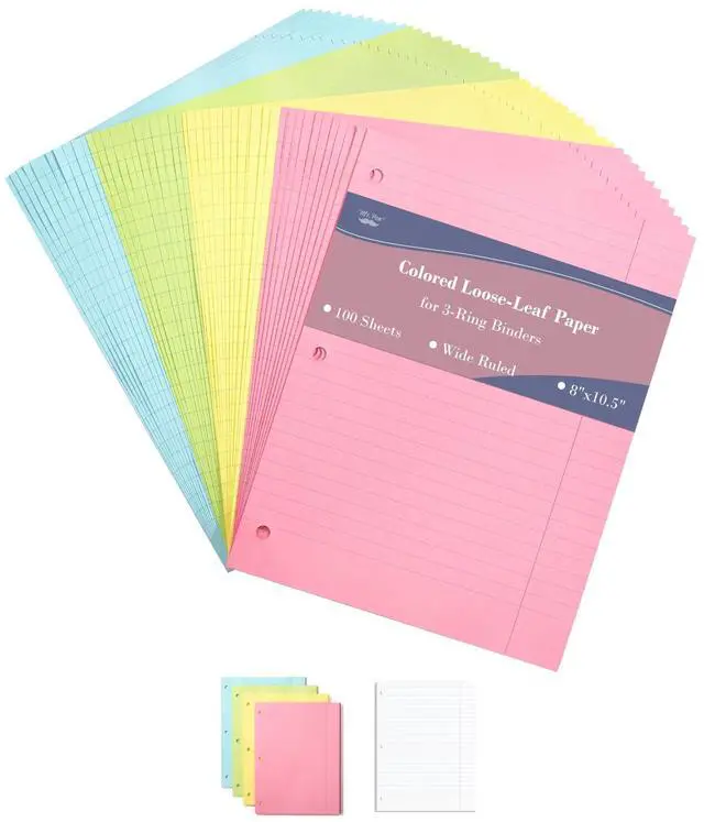 Main image of Colored Loose Leaf Paper Wide Ruled, 100 Sheets, 8 x 10.5 | 3- Hole Punched, Notebook Paper