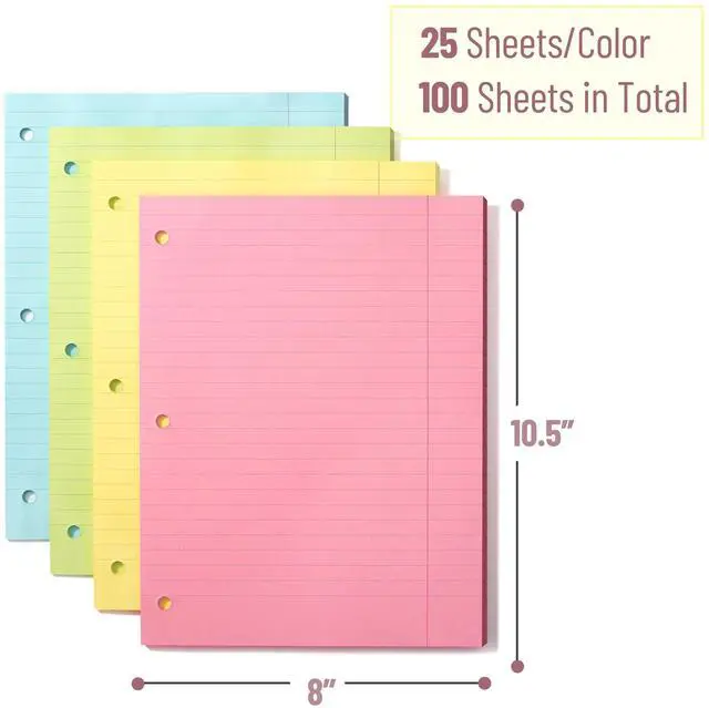 Alt view image 2 of 7 - Colored Loose Leaf Paper Wide Ruled, 100 Sheets, 8 x 10.5 | 3- Hole Punched, Notebook Paper