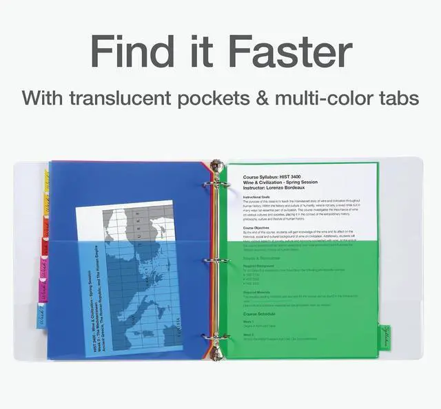 Alt view image 2 of 7 - 3 Ring Binder Dividers with Pockets & Tabs, 8 Tab, 1 Set | Color coded tabs run yellow goldenrod orange red pink purple blue and green and each pocket holds up to 30 sheets.
