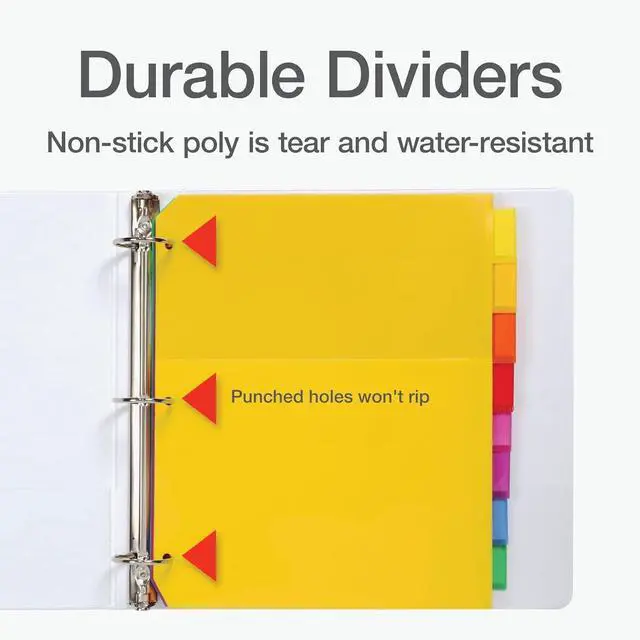 Alt view image 3 of 7 - 3 Ring Binder Dividers with Pockets & Tabs, 8 Tab, 1 Set | Color coded tabs run yellow goldenrod orange red pink purple blue and green and each pocket holds up to 30 sheets.