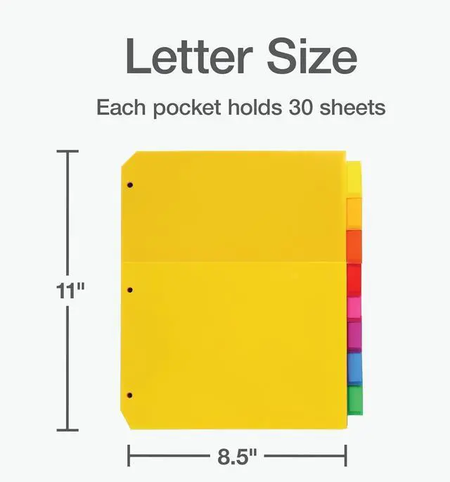 Alt view image 4 of 7 - 3 Ring Binder Dividers with Pockets & Tabs, 8 Tab, 1 Set | Color coded tabs run yellow goldenrod orange red pink purple blue and green and each pocket holds up to 30 sheets.