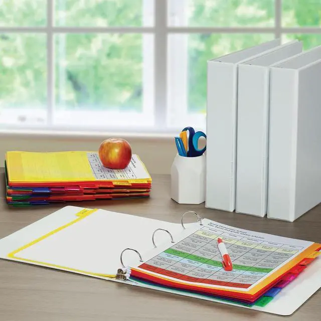 Alt view image 6 of 7 - 3 Ring Binder Dividers with Pockets & Tabs, 8 Tab, 1 Set | Color coded tabs run yellow goldenrod orange red pink purple blue and green and each pocket holds up to 30 sheets.