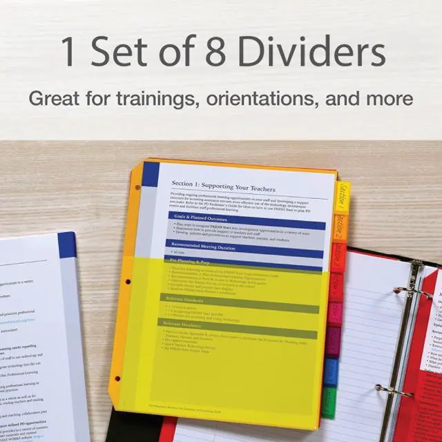 Alt view image 7 of 7 - 3 Ring Binder Dividers with Pockets & Tabs, 8 Tab, 1 Set | Color coded tabs run yellow goldenrod orange red pink purple blue and green and each pocket holds up to 30 sheets.