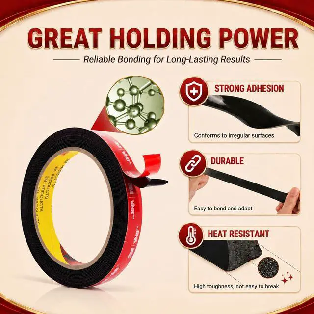 Alt view image 3 of 7 - Extra Strong Double Sided Tape Heavy Duty 10FT | Very Sticky Adhesive Mounting Tape, Works Great Indoors and Outside, Walls, Automotive, Home Office Deco
