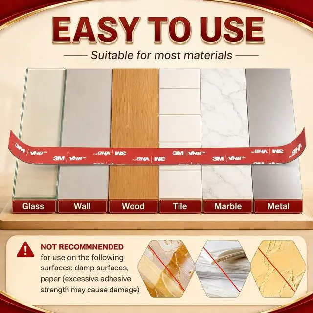 Alt view image 4 of 7 - Extra Strong Double Sided Tape Heavy Duty 10FT | Very Sticky Adhesive Mounting Tape, Works Great Indoors and Outside, Walls, Automotive, Home Office Deco