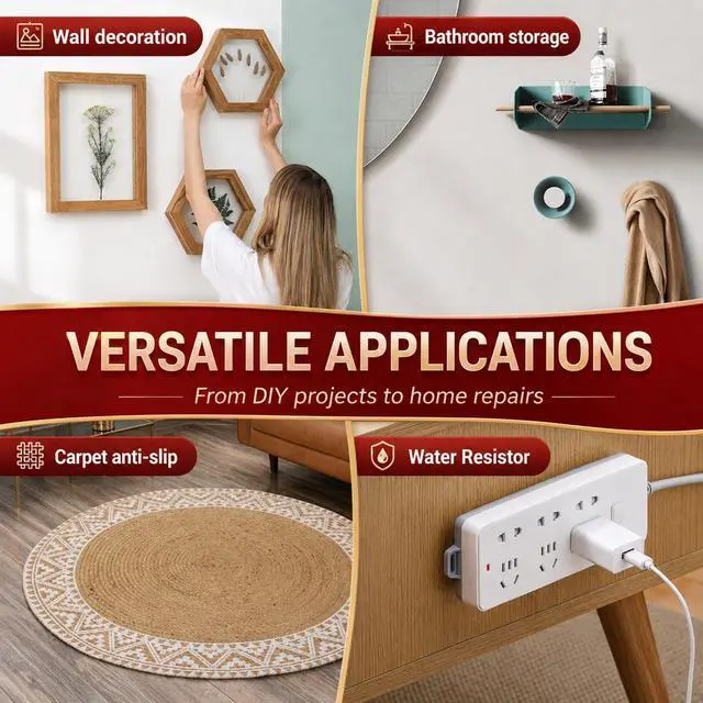Alt view image 6 of 7 - Extra Strong Double Sided Tape Heavy Duty 10FT | Very Sticky Adhesive Mounting Tape, Works Great Indoors and Outside, Walls, Automotive, Home Office Deco