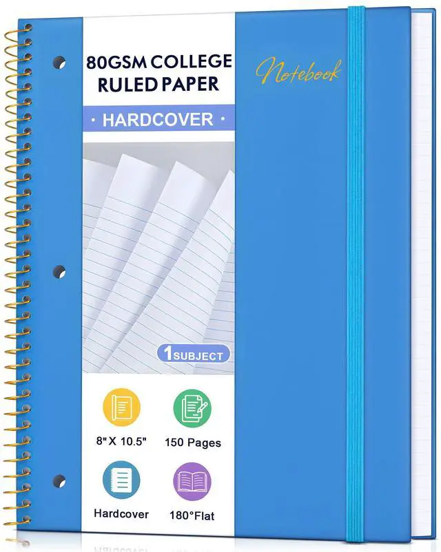 Main image of Notebook College Ruled Paper 8" x 10-1/2", 1 Subject Spiral Notebook 80GSM Paper, 3-Hole Punched Perforated Pages Ideal for School, Office, Writing, 75 Sheets Lined Journaling Notebook, Blue