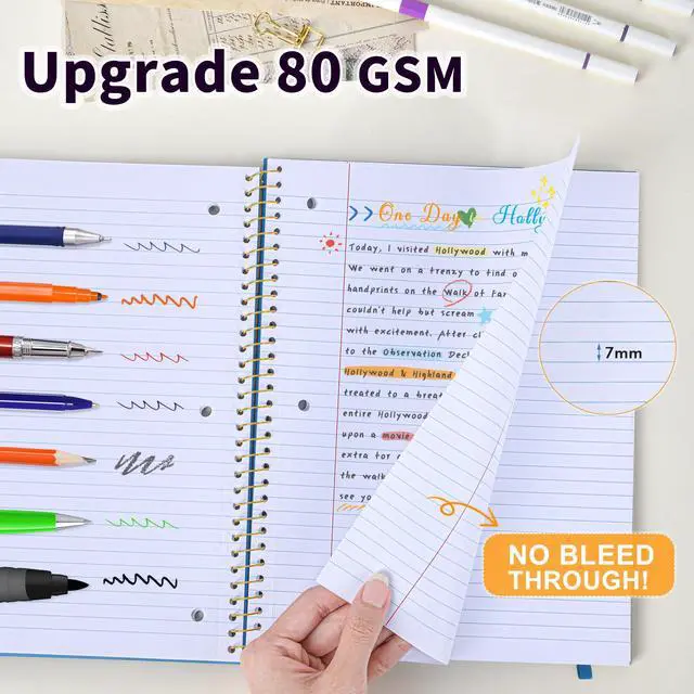Alt view image 4 of 7 - Notebook College Ruled Paper 8" x 10-1/2", 1 Subject Spiral Notebook 80GSM Paper, 3-Hole Punched Perforated Pages Ideal for School, Office, Writing, 75 Sheets Lined Journaling Notebook, Blue