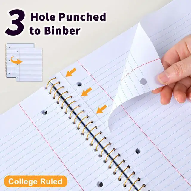 Alt view image 6 of 7 - Notebook College Ruled Paper 8" x 10-1/2", 1 Subject Spiral Notebook 80GSM Paper, 3-Hole Punched Perforated Pages Ideal for School, Office, Writing, 75 Sheets Lined Journaling Notebook, Blue