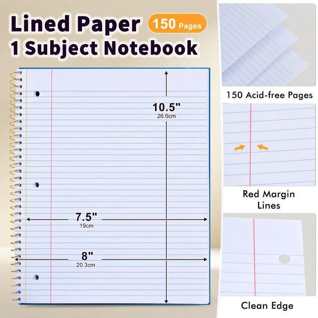 Alt view image 5 of 7 - Notebook College Ruled Paper 8" x 10-1/2", 1 Subject Spiral Notebook 80GSM Paper, 3-Hole Punched Perforated Pages Ideal for School, Office, Writing, 75 Sheets Lined Journaling Notebook, Blue