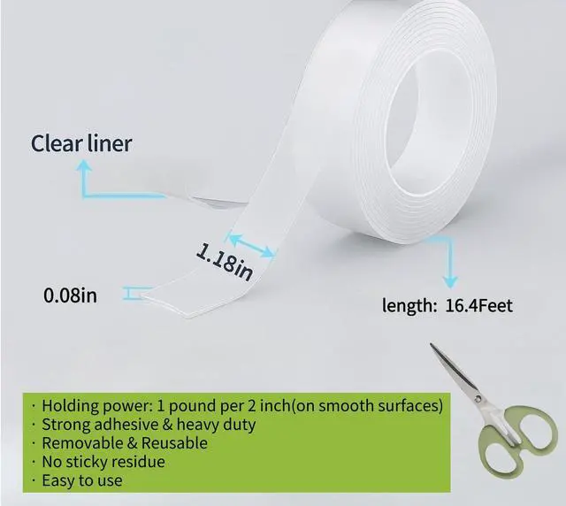 Alt view image 2 of 7 - Double Sided Tape Heavy Duty,Clear 1.18 inch × 196 inch Nano Tape, Removable mounting Tape for Hanging Picture,Poster