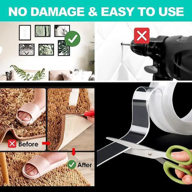 Alt view image 5 of 7 - Double Sided Tape Heavy Duty,Clear 1.18 inch × 196 inch Nano Tape, Removable mounting Tape for Hanging Picture,Poster
