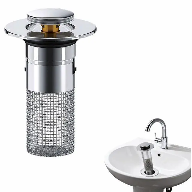 Main image of Sink Stopper Hair Catcher - Pop-Up Drain Strainer with Removable 304 Stainless Steel Basket, Quick Install Anti-Clog Anti-Smell Universal Bathroom Sink Drain Filter for Bathroom Vanity