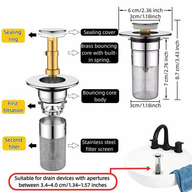 Alt view image 2 of 7 - Sink Stopper Hair Catcher - Pop-Up Drain Strainer with Removable 304 Stainless Steel Basket, Quick Install Anti-Clog Anti-Smell Universal Bathroom Sink Drain Filter for Bathroom Vanity