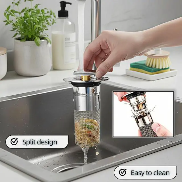 Alt view image 5 of 7 - Sink Stopper Hair Catcher - Pop-Up Drain Strainer with Removable 304 Stainless Steel Basket, Quick Install Anti-Clog Anti-Smell Universal Bathroom Sink Drain Filter for Bathroom Vanity