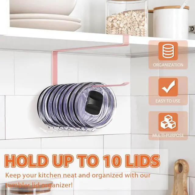 Alt view image 2 of 7 - Tumbler Lid Organizer, Versatile Tumbler Lid Storage Holds 10 Lids, Pink | Space Saving Cup Lid Organizers Inside Cabinet Tumbler Lid Hook for Kitchen Organizer and Storage, Paper Towel Rack Hanger