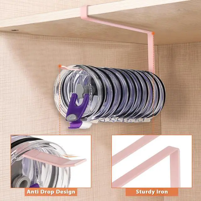 Alt view image 4 of 7 - Tumbler Lid Organizer, Versatile Tumbler Lid Storage Holds 10 Lids, Pink | Space Saving Cup Lid Organizers Inside Cabinet Tumbler Lid Hook for Kitchen Organizer and Storage, Paper Towel Rack Hanger