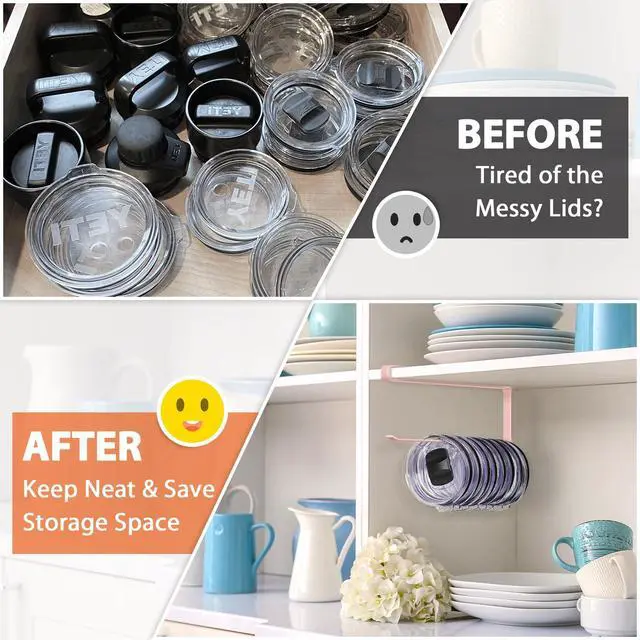 Alt view image 5 of 7 - Tumbler Lid Organizer, Versatile Tumbler Lid Storage Holds 10 Lids, Pink | Space Saving Cup Lid Organizers Inside Cabinet Tumbler Lid Hook for Kitchen Organizer and Storage, Paper Towel Rack Hanger