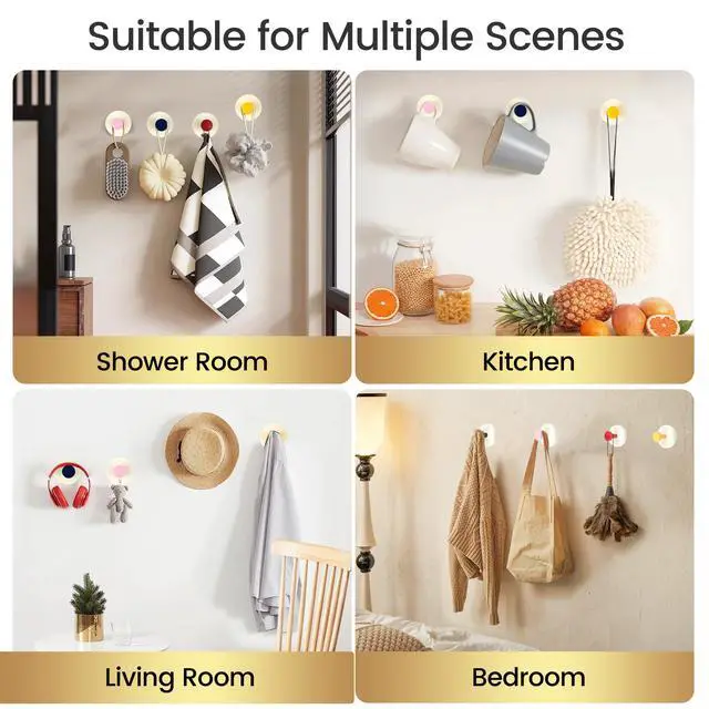 Alt view image 5 of 7 - Suction Cup Hooks Adhesive Wall No Damage Extra Sticky Storage Hooks - Holds Heavy Duty for Towel, Shower, Coat & Bathroom Door,Wardrobe Door Hanger, 4 Pack (Red/Pink/Navy Blue/Yellow)