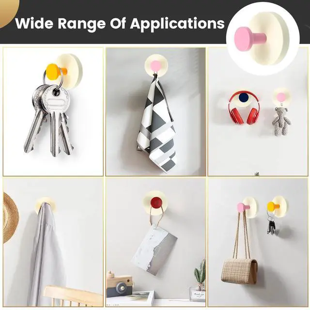 Alt view image 7 of 7 - Suction Cup Hooks Adhesive Wall No Damage Extra Sticky Storage Hooks - Holds Heavy Duty for Towel, Shower, Coat & Bathroom Door,Wardrobe Door Hanger, 4 Pack (Red/Pink/Navy Blue/Yellow)