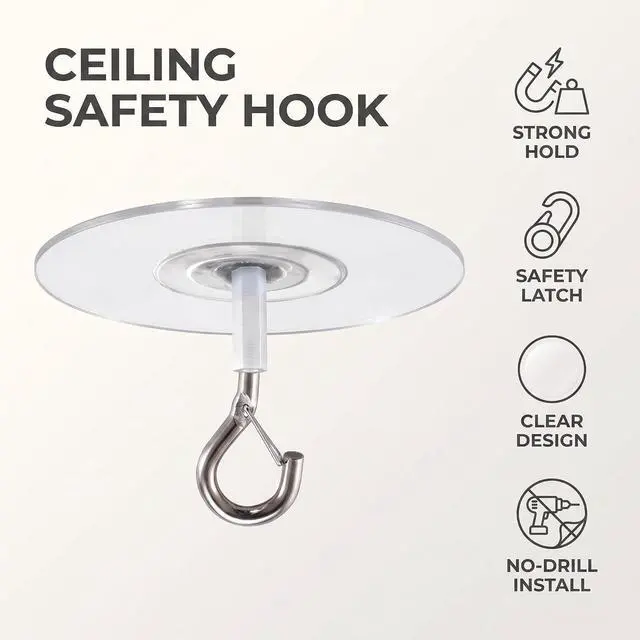 Alt view image 3 of 7 - Adhesive Ceiling Hooks with Safety Clasp, Stick-On Wall Hooks for Plants, Wind Chimes, Home Storage and Bathroom Decor