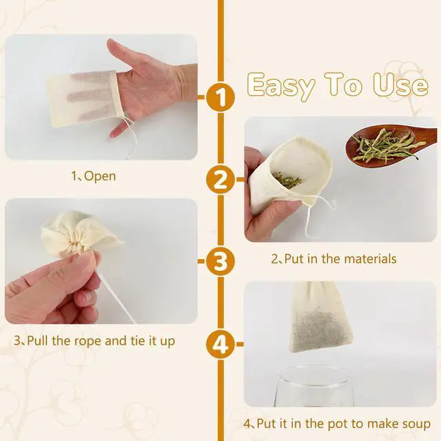 Alt view image 4 of 7 - 10Pcs Spice Bags for Cooking, Beige 4.25in×3.15in Cotton Soakable & Boilable, Strainer/Herbs & Act as Reusable Tea Bags, Fit for Cooking & Tea Brewing