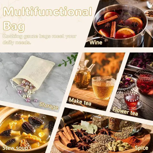 Alt view image 6 of 7 - 10Pcs Spice Bags for Cooking, Beige 4.25in×3.15in Cotton Soakable & Boilable, Strainer/Herbs & Act as Reusable Tea Bags, Fit for Cooking & Tea Brewing