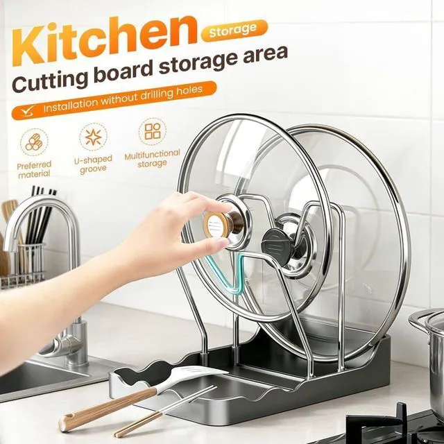 Alt view image 4 of 7 - Pot Lid Rack, Cutting Board & Utensil Holder Black | Space-saving rust-proof steel storage holds lids, boards, spoons and chopsticks