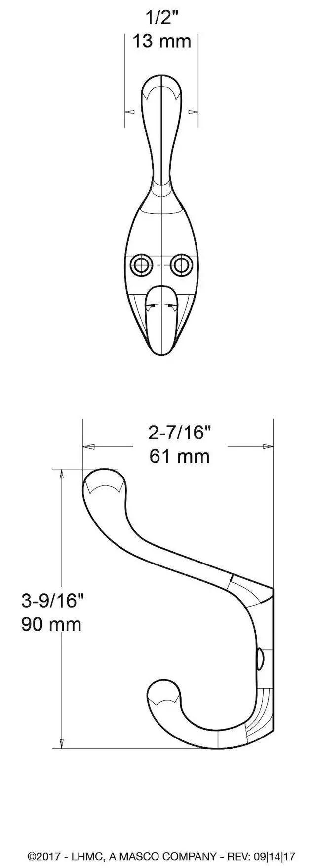 Alt view image 6 of 6 - 3-Inch Heavy Duty Coat and Hat Hook, Polished Brass