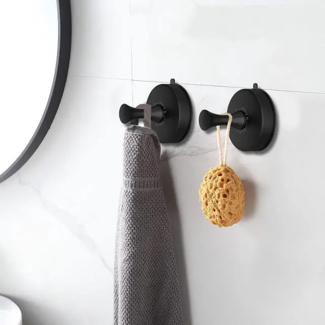 Alt view image 2 of 6 - Suction Cup Hooks for Shower Set of 2 Removable Stainless Steel Towel Hook for Bathroom Glass Window Door Wall and Suction Wreath Hook for Hanging Robe, Loofah, Coat - Black