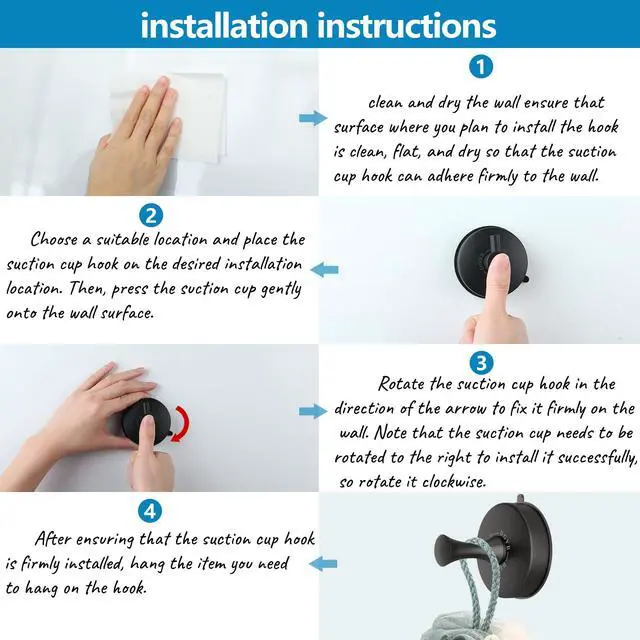 Alt view image 5 of 6 - Suction Cup Hooks for Shower Set of 2 Removable Stainless Steel Towel Hook for Bathroom Glass Window Door Wall and Suction Wreath Hook for Hanging Robe, Loofah, Coat - Black