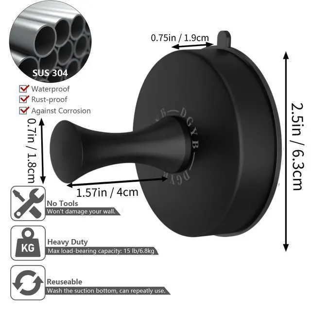 Alt view image 6 of 6 - Suction Cup Hooks for Shower Set of 2 Removable Stainless Steel Towel Hook for Bathroom Glass Window Door Wall and Suction Wreath Hook for Hanging Robe, Loofah, Coat - Black