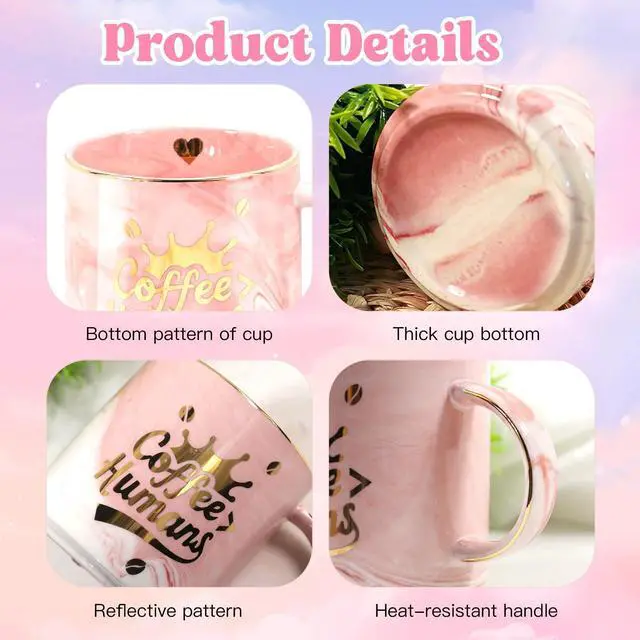 Alt view image 3 of 7 - "CoffeeHuman" Ceramic coffee Mug - Funny Novelty Gift for Moms, Friends, Teachers & Coworkers - 13oz Adorable Pink Cup for Birthdays, Holidays & Daily Use - Cute for Women, Teens & Coffee Lovers