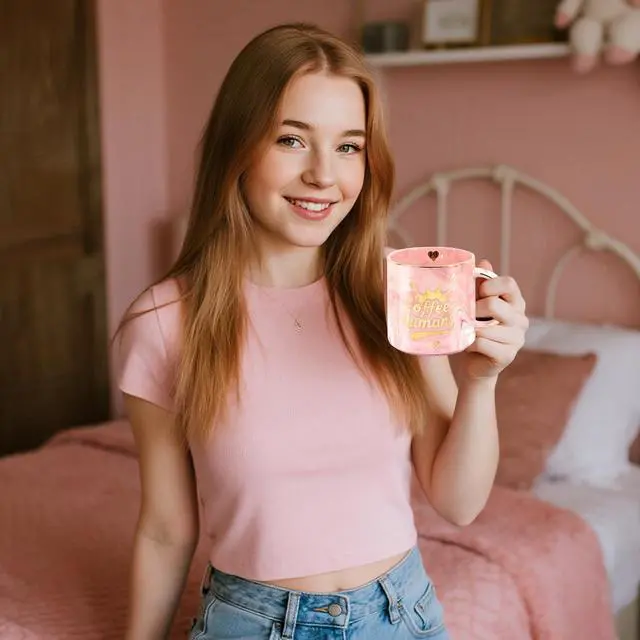 Alt view image 6 of 7 - "CoffeeHuman" Ceramic coffee Mug - Funny Novelty Gift for Moms, Friends, Teachers & Coworkers - 13oz Adorable Pink Cup for Birthdays, Holidays & Daily Use - Cute for Women, Teens & Coffee Lovers