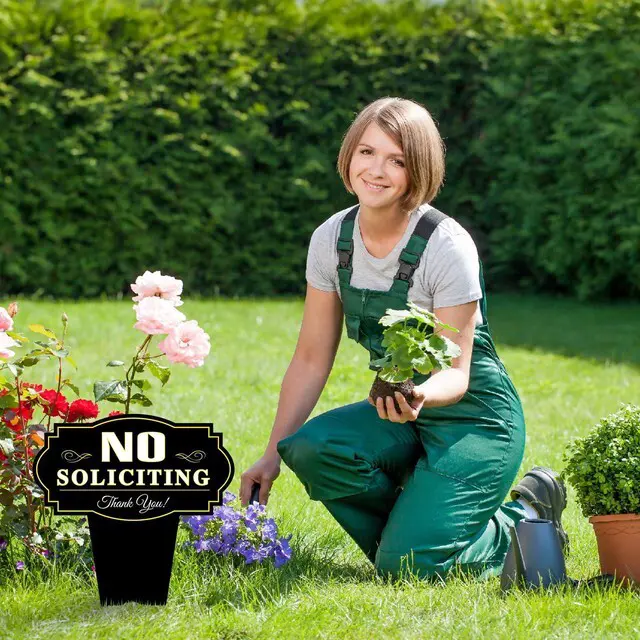 Alt view image 5 of 7 - Hooqict No Soliciting Sign for House Metal No Soliciting Yard Sign with Stake Outdoor Yard Decorations for Home Business Front Door Garden Lawn Backyard Decor - 13.9" x 11.8"
