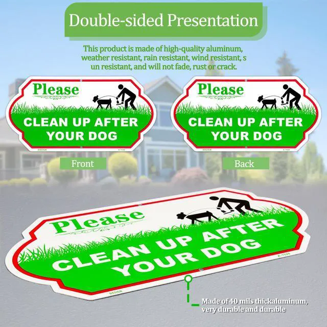 Alt view image 7 of 7 - Clean Up After Your Dog Sign, 14x7 Inch Aluminum No Poop Yard Sign | UV Printed Aluminum Dog Waste Sign with Adjustable Stake for Yard, Lawn, Fence and Outdoor Pet Areas