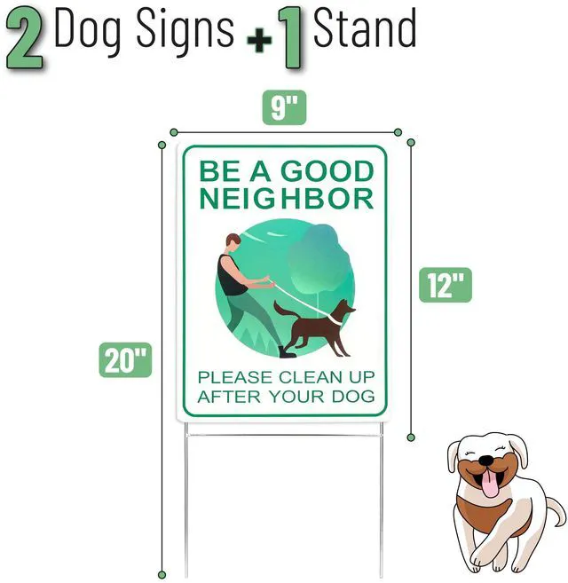 Alt view image 2 of 7 - Clean Up After Your Dog Signs, 9" x 12", 2 Pack with 1 Metal Stake | No Dog Poop Lawn Signs, UV Protected & Waterproof, Double Sided Pick Up After Your Dog Sign for Yard