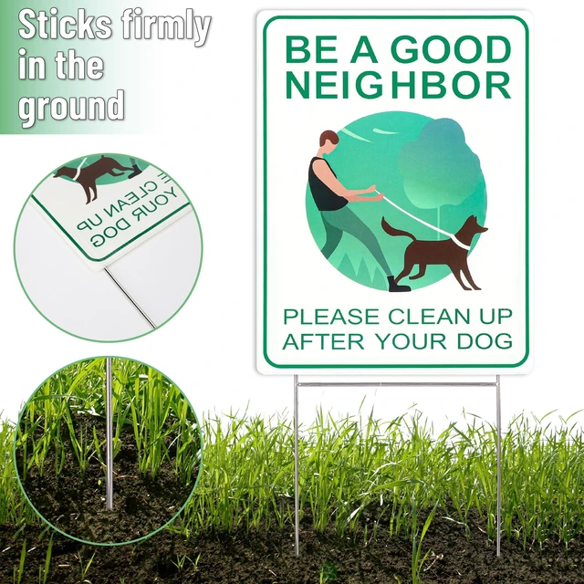 Alt view image 5 of 7 - Clean Up After Your Dog Signs, 9" x 12", 2 Pack with 1 Metal Stake | No Dog Poop Lawn Signs, UV Protected & Waterproof, Double Sided Pick Up After Your Dog Sign for Yard