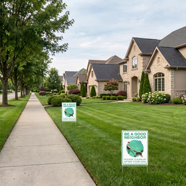 Alt view image 6 of 7 - Clean Up After Your Dog Signs, 9" x 12", 2 Pack with 1 Metal Stake | No Dog Poop Lawn Signs, UV Protected & Waterproof, Double Sided Pick Up After Your Dog Sign for Yard